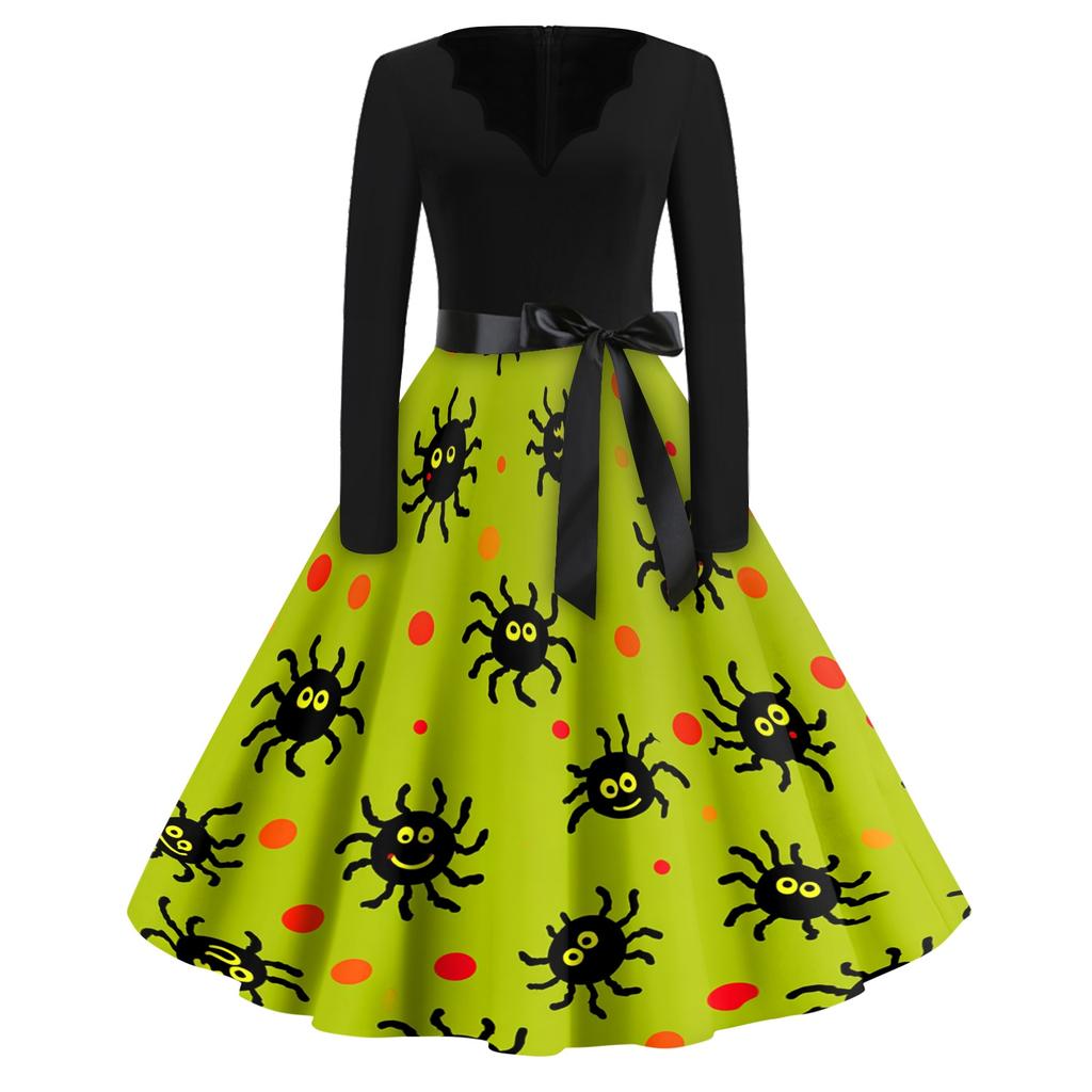 Women's Vintage V-Neck Dress with Halloween Print for Casual Fall Outings