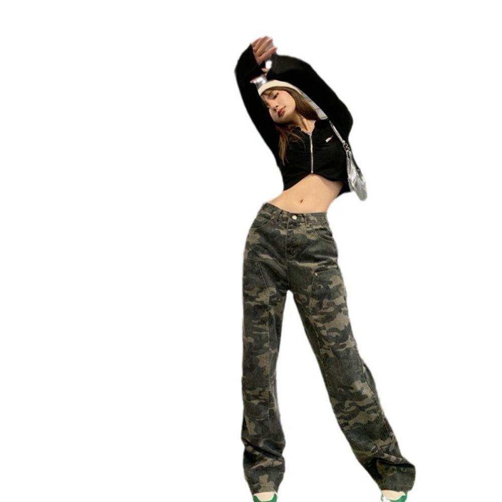 American Sweet and Spicy High Street Hiphop Camouflage Overalls Women's Mopping Hip Hop Straight Loose Wide-leg Jeans