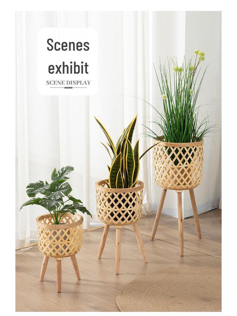 Nordic Style Bamboo Woven Plant Basket - Rattan Balcony Pothos Stand