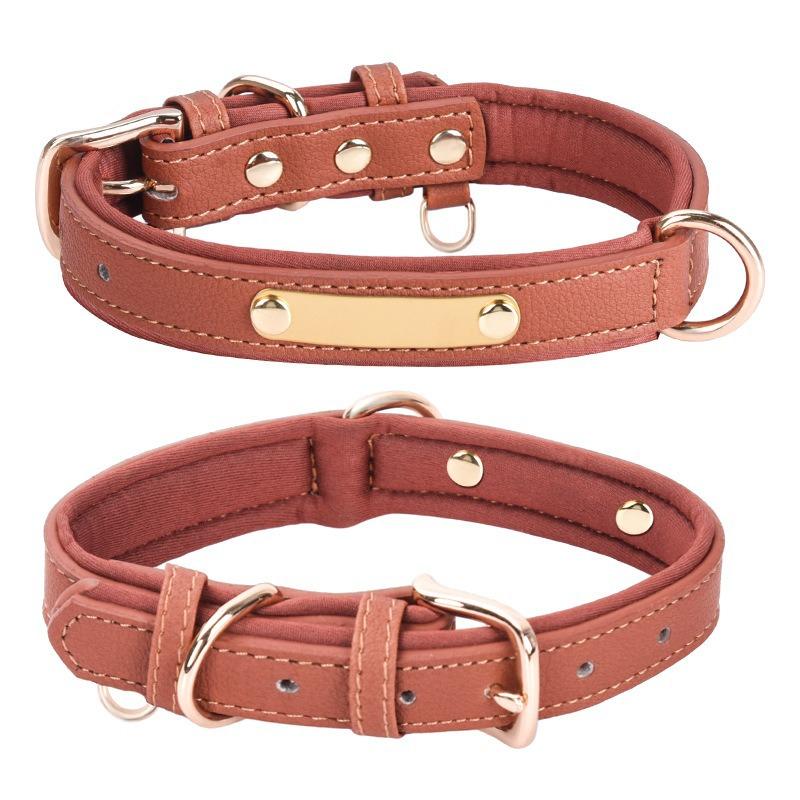 Pet Collar Vintage PU Leather and Breathable Space Cotton Double D-Ring Engravable Nameplate Dog Leather Collar XS коричневый