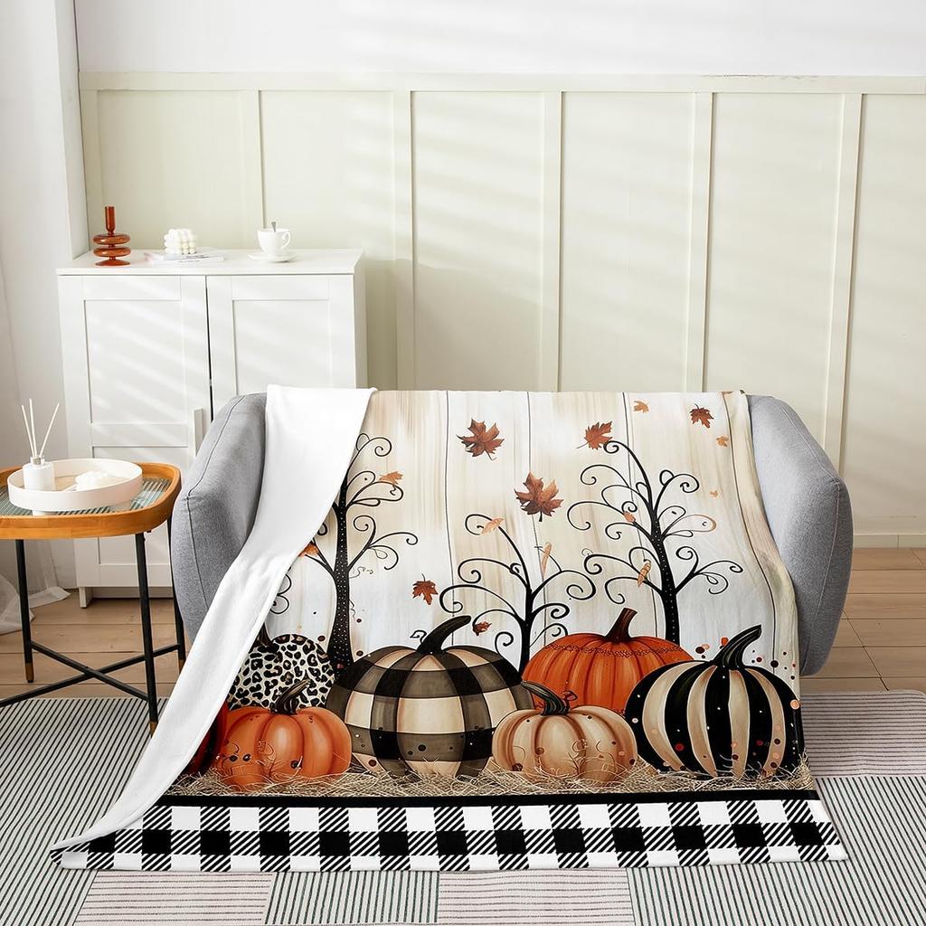 GUOYU Blanket Fall Pumpkin Harvest Fleece Flannel BlanketRustic Maple Autumn Leaves Bed Plush Blanket for Rustic Home DecorHarvest Patchwork