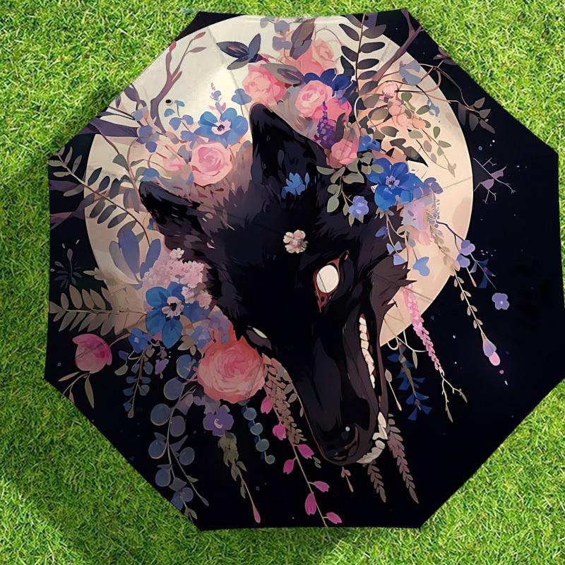 1pc Wolf Flowers Automatic Folding Umbrella 8 Rib Iron Frame, Compact Portable Umbrella Suitable for Travel, Daily Use, Birthday, Women & Men Gift 022