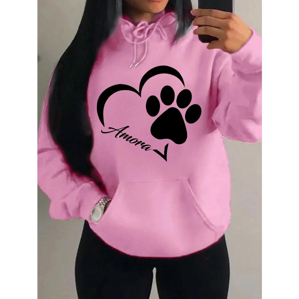 Love And Little Cat Foot Creative Print Women Hoody Fashion Autumn Sweatshirt Pocket Hoodie Sport Style Comfortable