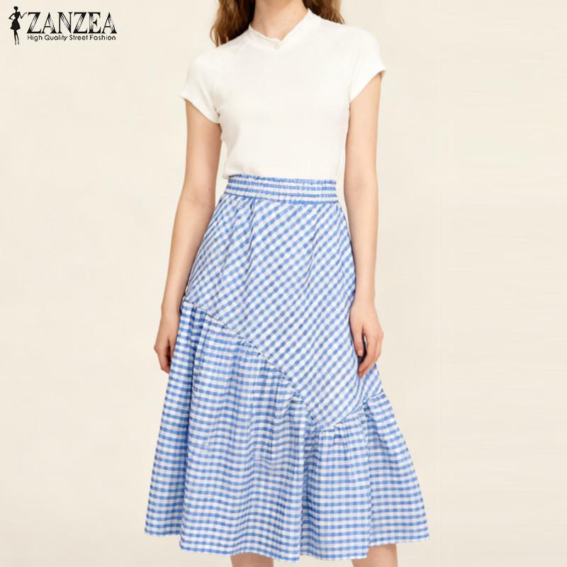 ZANZEA Women Casual Elastic Waist Loose Grid Print Skirts