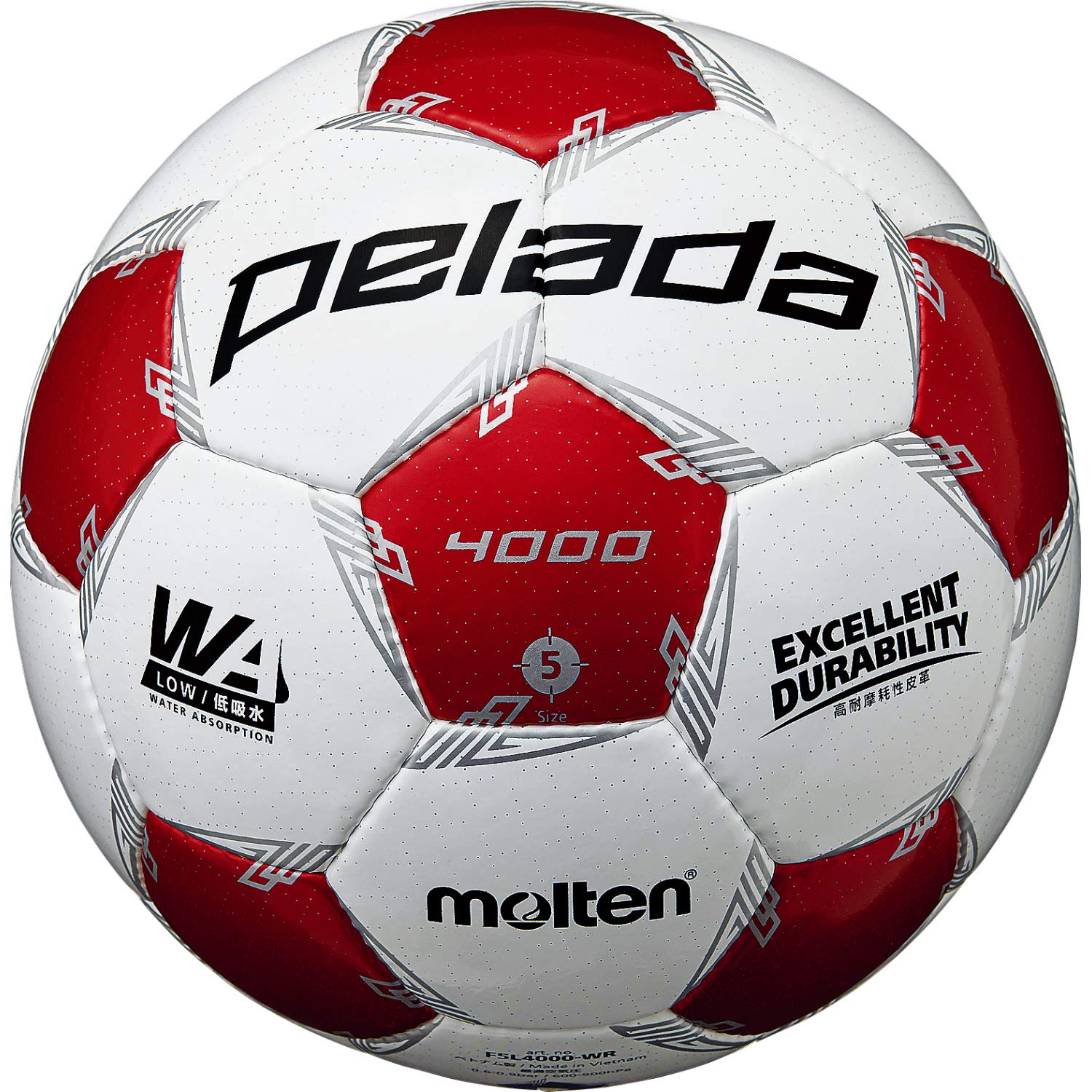 

Molten Peleda 4000 Soccer Ball, Size 5, for Junior High School Students and Up, Certified, F5L4000-WR, White x Metallic Red