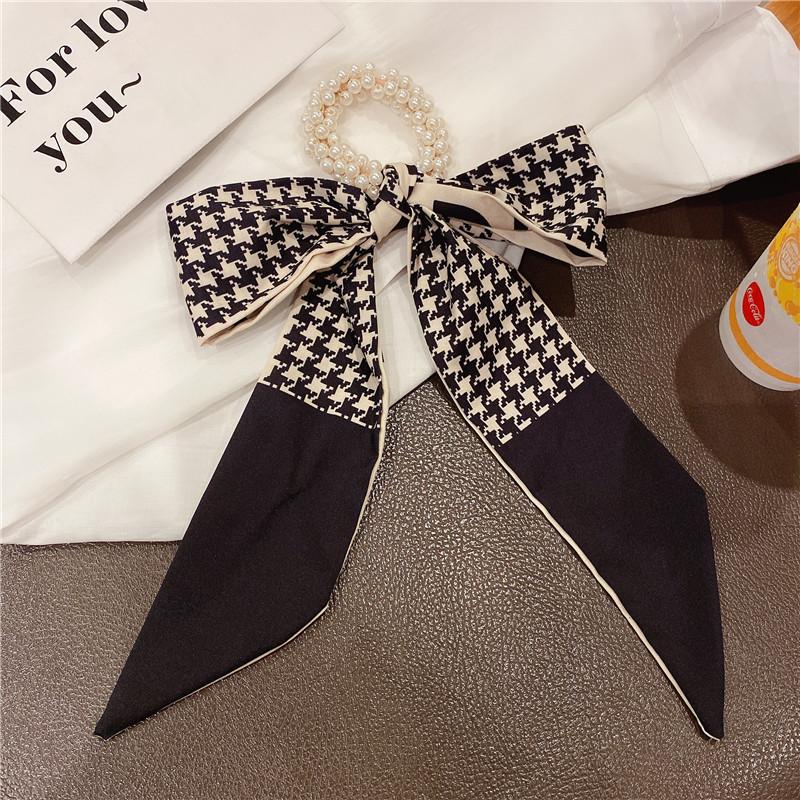 Fashion Pearl Scrunchies Ties Satin Long Ribbon Ponytail hair bundle Silk Floral Summer Hair Bands Accessories For Women Girls
