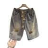 American loose ripped denim shorts men's casual straight wash old trend high street versatile drawstring five-point pants