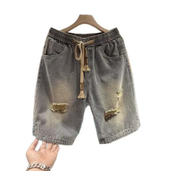 American loose ripped denim shorts men's casual straight wash old trend high street versatile drawstring five-point pants
