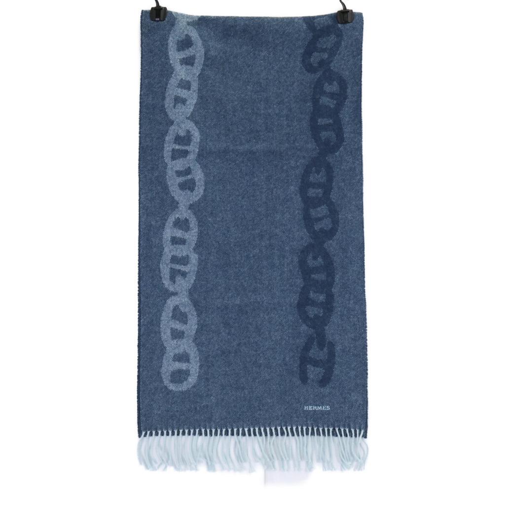 HERMES Logo Embroidery Crazy Chain Cashmere Fringe Scarf blueUsed
