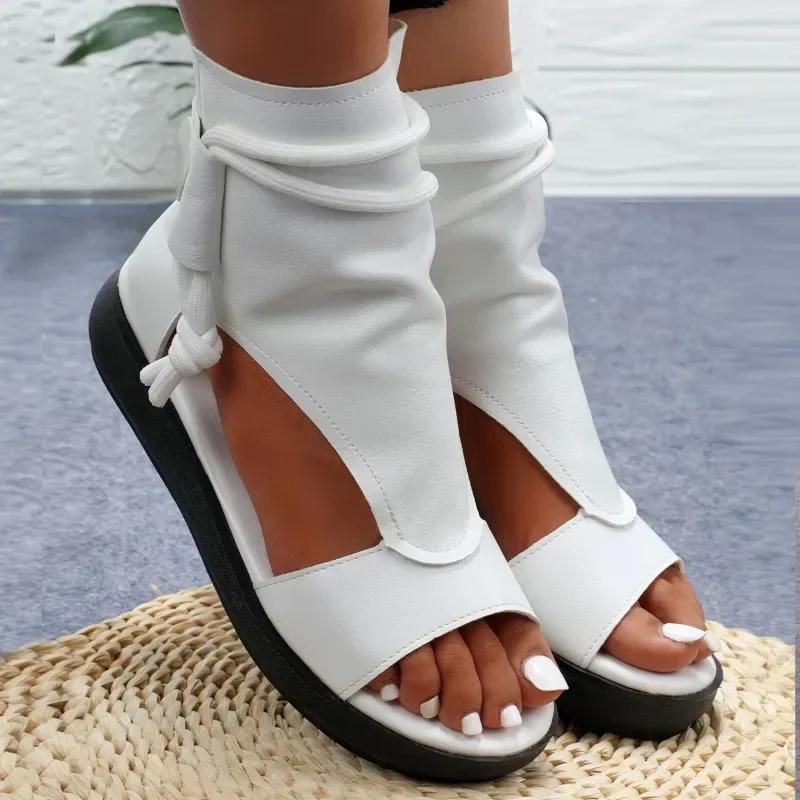 Mode Sommer Mode Damen Sandalen Neu Retro Weiches PU Leder Damen Coole Stiefel Fischmaul Sandalen Keilabsätze Mittelhohe Absätze Schuh Sandalias