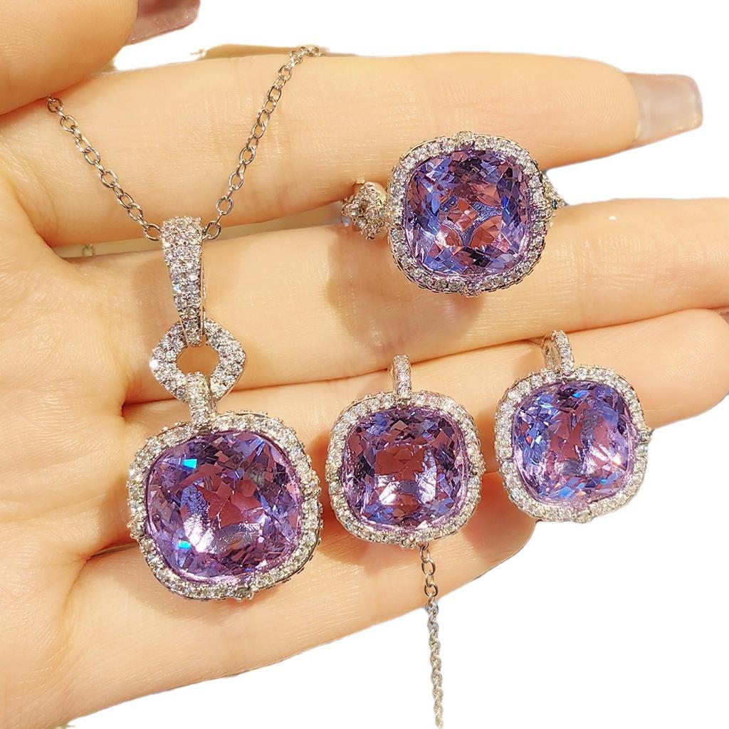 Kleur Schat Oorbellen Fanta Ring Violet Geel Diamanten Set