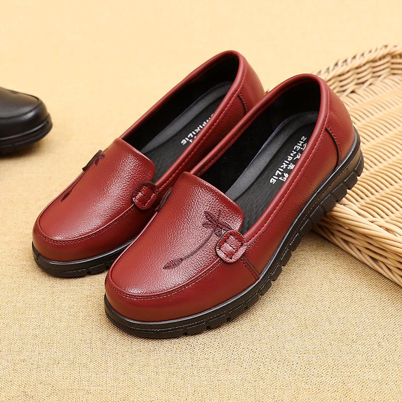 Fashion Spring Soft Soled Mother Black Single Shoes Genuine Leather Non-slip Casual Comfortable Middle-aged Ladies Flat Shoes Women Shoe