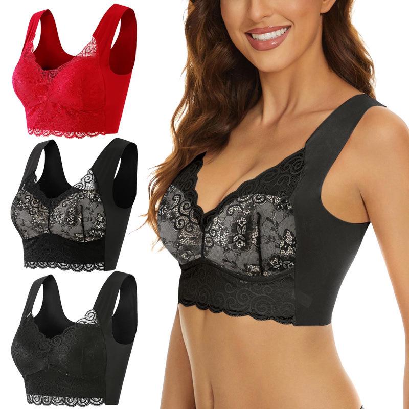 Plus Size Lace Sports Bra - Breathable Push-Up, Wire-Free, Side Support for Women