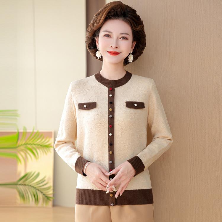 Young Mother Spring Clothes, Small Fragrance Style Top for Women In Autumn, New Style, Knitted Base Shirt, Middle-aged and Elderly Sweater