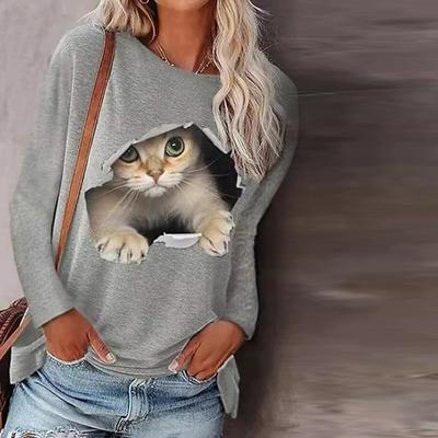 Damskie jesienne topy Luźny kot Piękny nadruk kota Casualowa koszulka z długim rękawem Top Bluzka