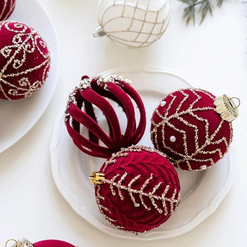 3Pcs Elegant Christmas Tree Baubles with Glitters and Pearls Festival Hanging Ornament Daily Use Home Accessory