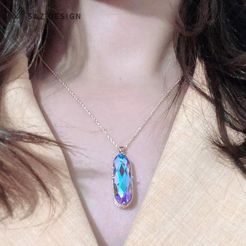 Vintage Elegant Large Oval Crystal Pendant Rose Gold Color Necklace For Women Girls Wedding Luxury Jewelry Gift
