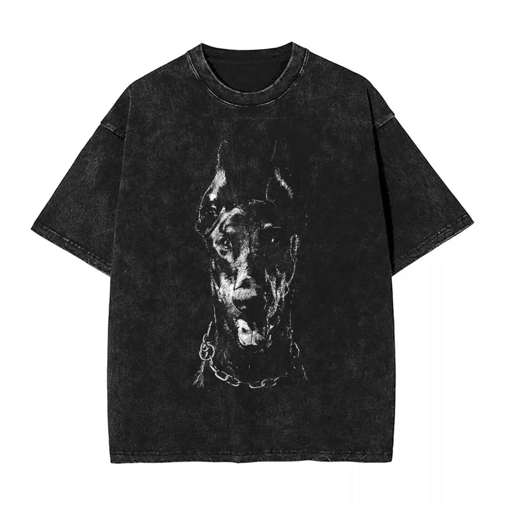 Lustiges Dobermann Hund Washed T-Shirt Streetwear Retro T-Shirts Tees Tops für Männer Frauen Kurzarm High Street Sommer