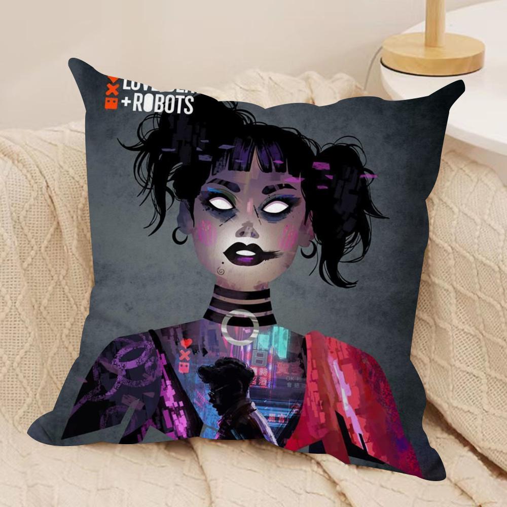 Love D-Death Robots Cushion Cover Silky Short Plush Double-Sided Printed Pillow Case for Sofa All Seasons Home Decor Gift