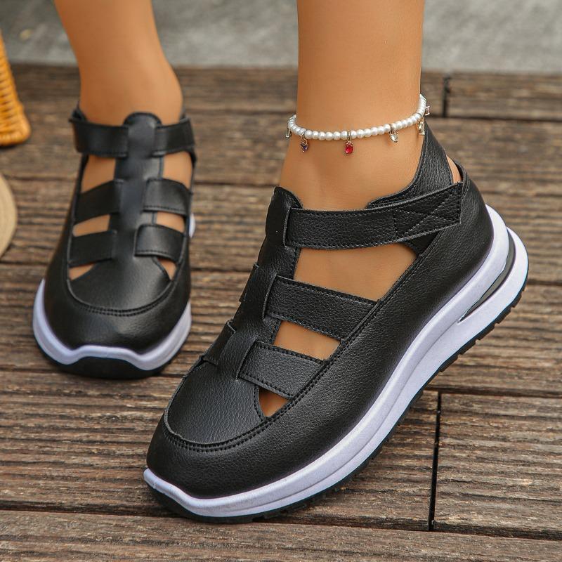 Plus‑Size Closed‑Toe Hollow‑Out Hook‑and‑Loop Thick Wedge Women Sandals