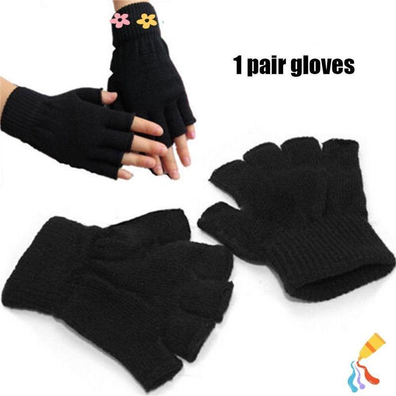 1Pair Unisex Black Half Finger Fingerless Gloves For Women And Men Wool Knit Wrist Cotton Winter Warm Work Mittens