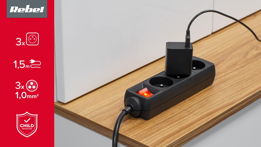 Extension Cord Power Strip 1.5M 3 Sockets 3X1.0Mm2 Rebel Switch