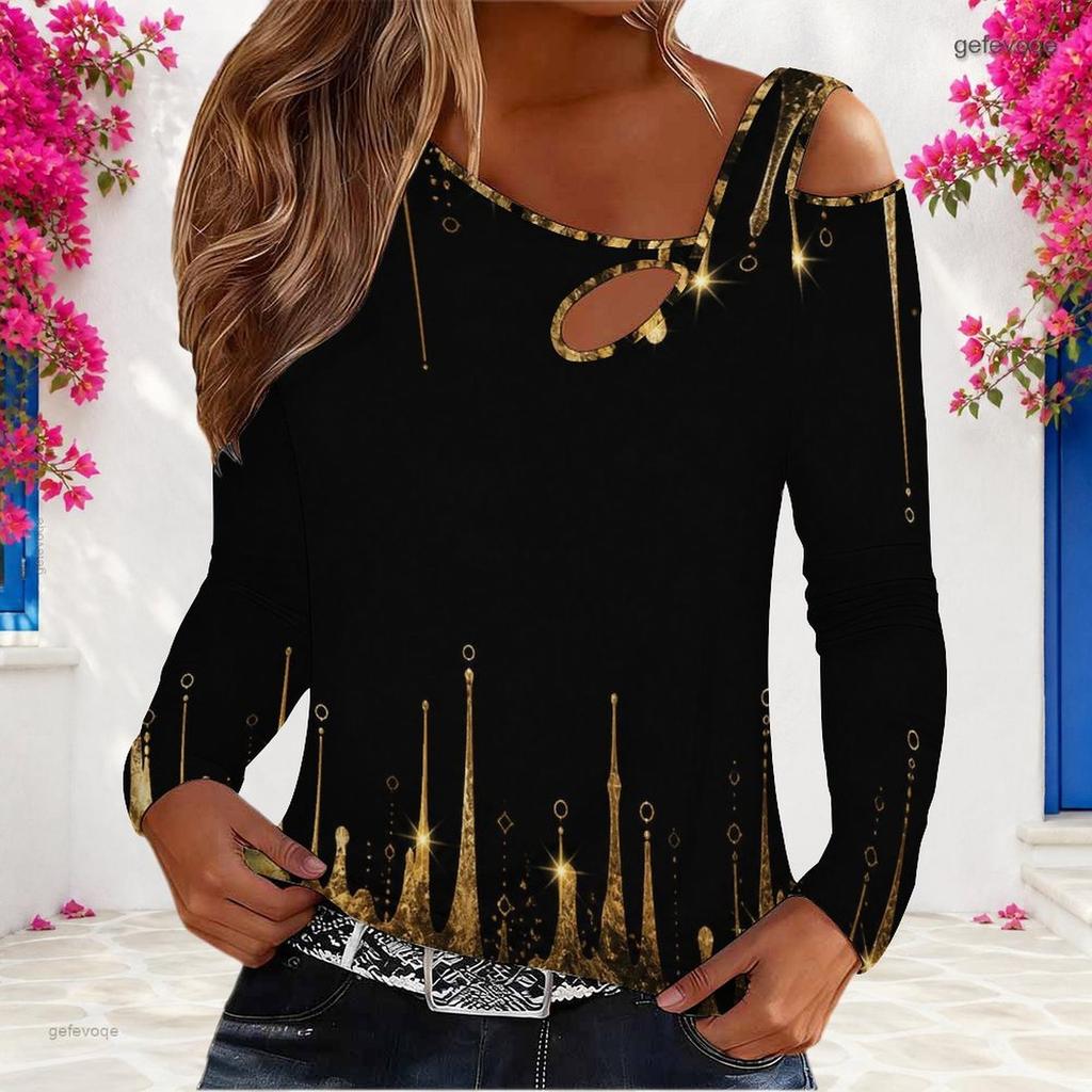 Women Plus Size Asymmetric Cutout Neck Cold Shoulder Long Sleeve Black Gold Printed Fitted Top