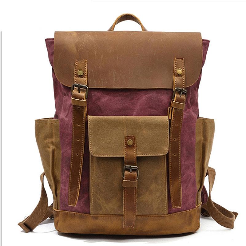 Sac à dos Homme Voyage Imperméable Sac Ordinateur Portable Sac à Dos Toile Cirée Huilée Vintage Sacs à Dos Cuir Sac à Dos Homme Sac d'École
