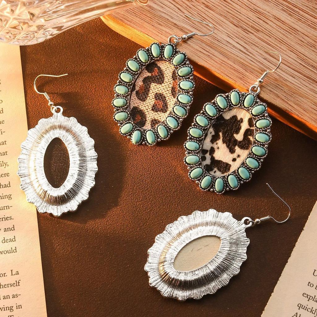 Fashion Retro Bohemian Turquoise Leopard Print Pendant Earrings Ethnic Style Long Earrings