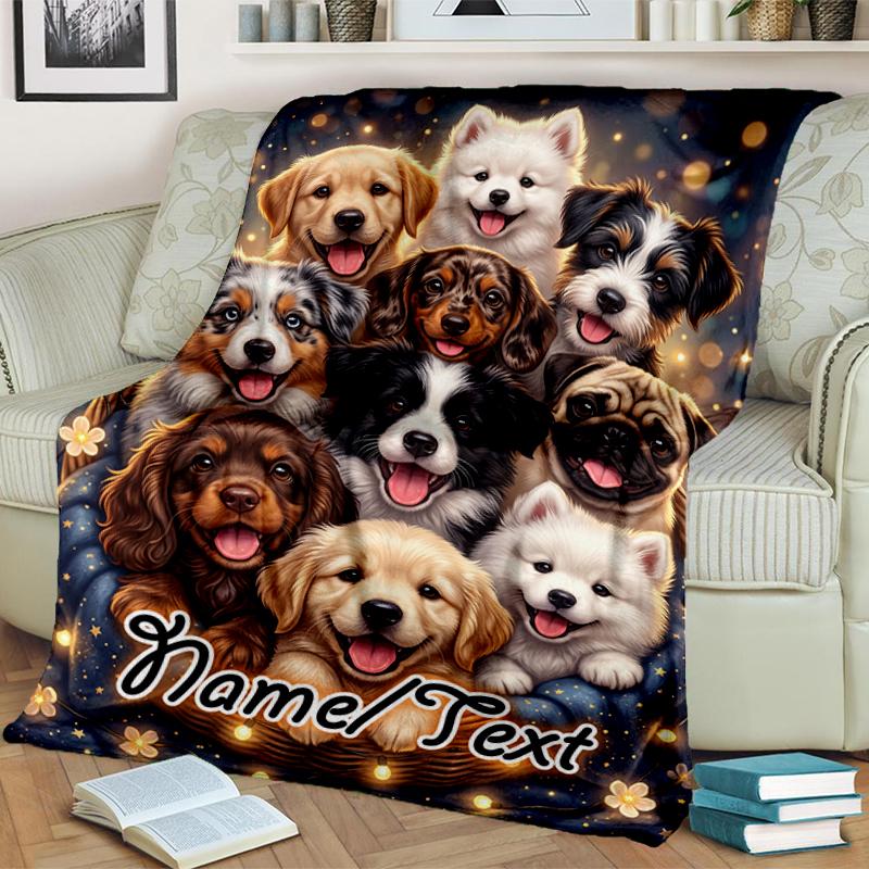 1PC Custom Name Puppy Basket Night flannel blanket versatile,all-season throw suitable for the living room,bedroom,camping,travel,and gift