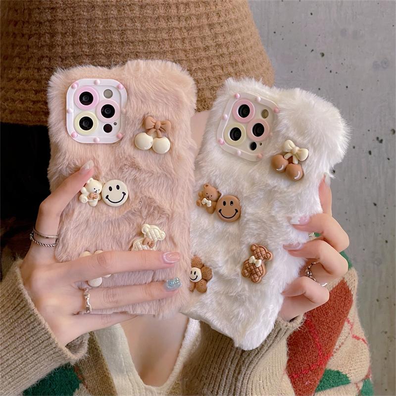 Ins koreanische süße 3D-Cartoon-Plüsch-Rosa-Telefonhülle für iPhone 13 12 11 Pro Xs Max X Xr 7 8 Plus Winter weiche stoßfeste Rückseite