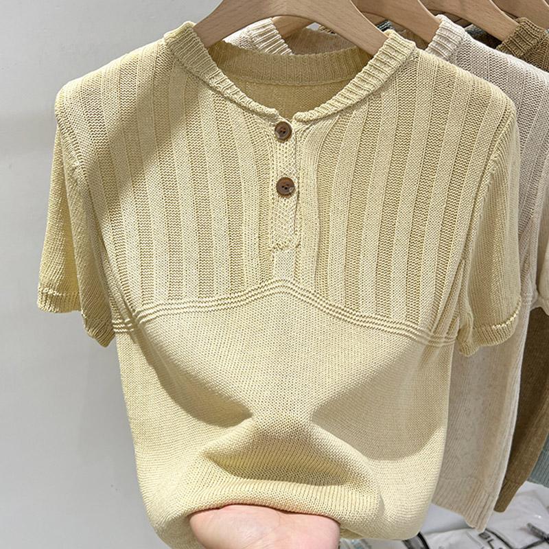 

Женские свитера, пуловеры 2025 Лето Короткий рукав О-образный вырез Повседневный вязаный свитер Женские топы Пуловер JJ279 One size жёлтый