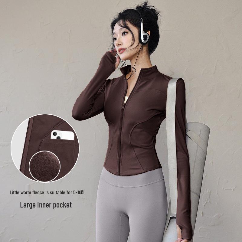 Damen Frühlings-Yoga-Bekleidung 2026: Dünne Fleece-Sportjacke mit Stehkragen, Reißverschluss, enganliegend für Laufen & Fitness.