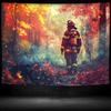 2D Fireman Hero Wall Tapestry, Wildfire Forest Rescue Scene Wall Art for Home Decor