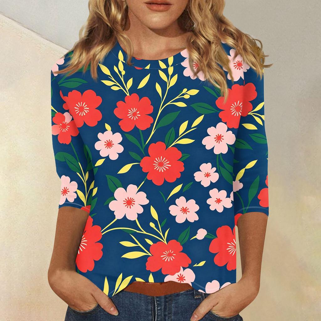 Damen Freizeit Oberteil mit Blumendruck, Dreiviertelärmel, Rundhalsausschnitt, Leicht, Bequeme Passform, Stilvolles Design, Geeignet für den Alltag