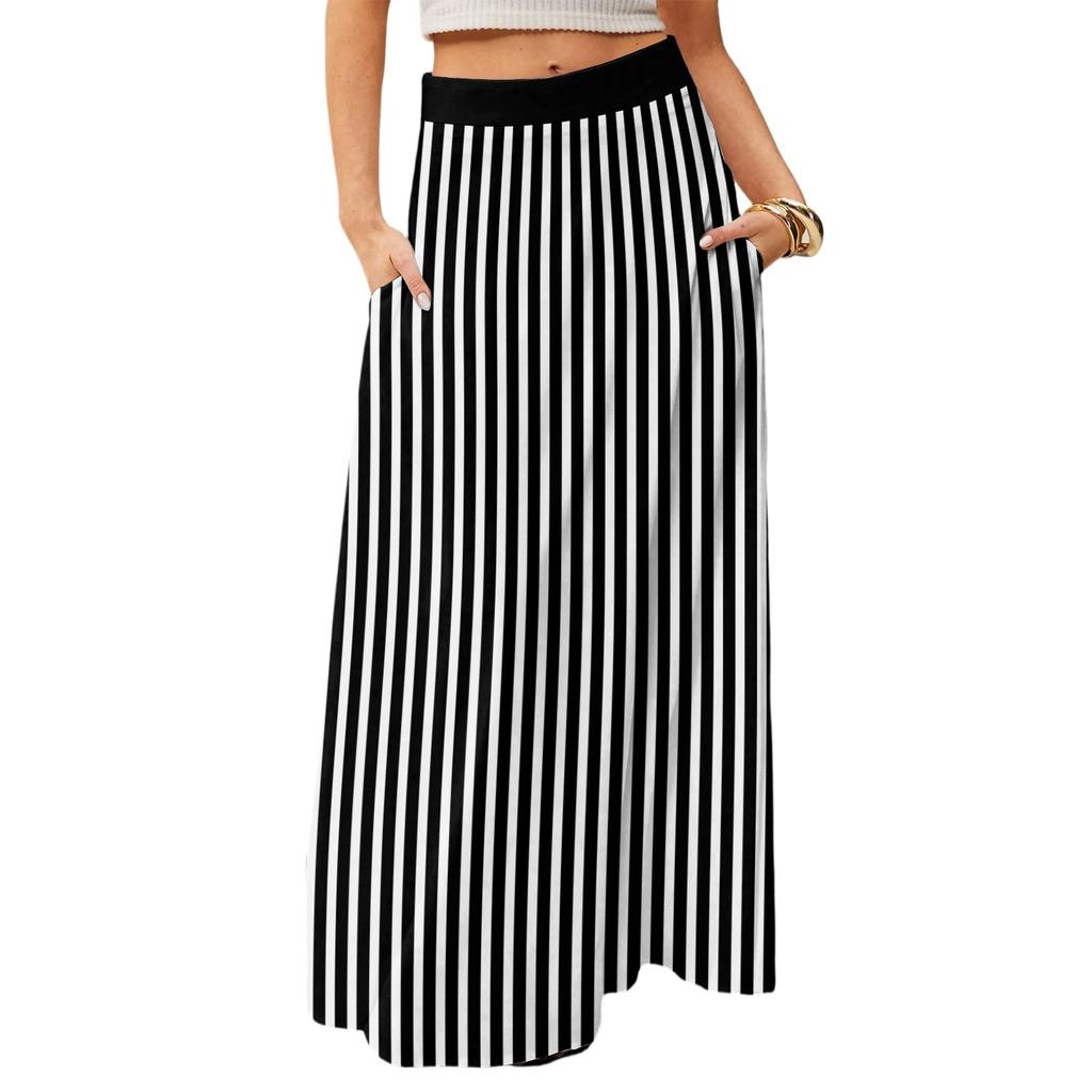 Women's Casual Leisure Foldable Striped Plaid Print High Waist With Pocket Draped  Relaxed Long Maxi Skirt