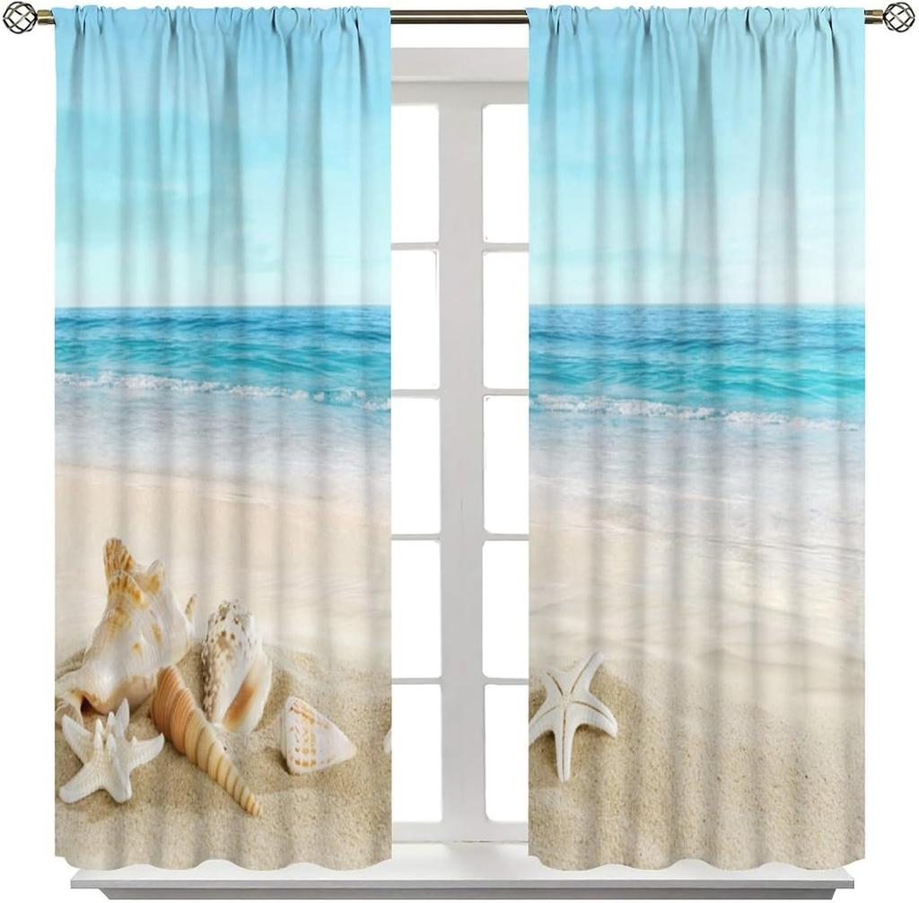 Ocean Curtains Hot Summer Beach Seaside Scenery Starfish Shells Nautical Sea Life Print Window Treatments Drapes Curtain Polyester With Rod Pocket