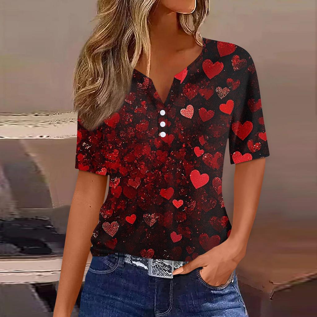 Damen T-Shirt mit Aufdruck zum Valentinstag, Knopfleiste, kurzärmelig, Tunika, für den Alltag, Wochenende, Basic, V-Ausschnitt, normales Oberteil
