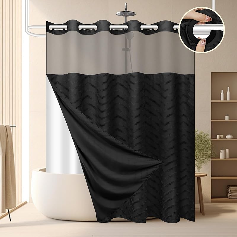 No Hook Shower Curtain and Liner Set, Black Snap in Shower Curtain Ringless Chevron Tufted Cloth Waterproof Washable Fabric Bath Curtain with See 71 W x 74 L (Pack of 1)