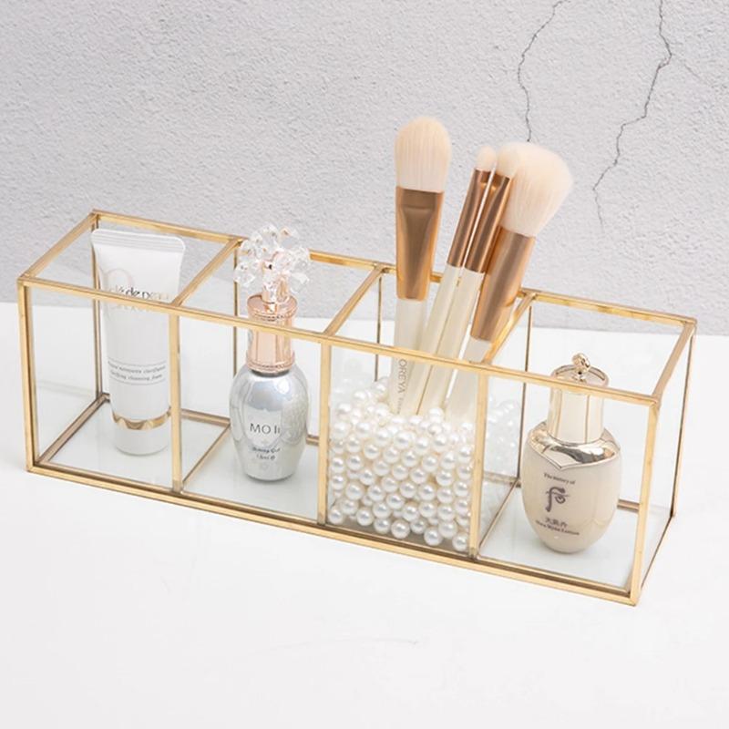 Premium Glas Make-up Pinsel Organizer mit Goldrand Kosmetik Pinselhalter für Lippenstifte Eyeliner Wasserdichte Staubdichte Aufbewahrungsbox
