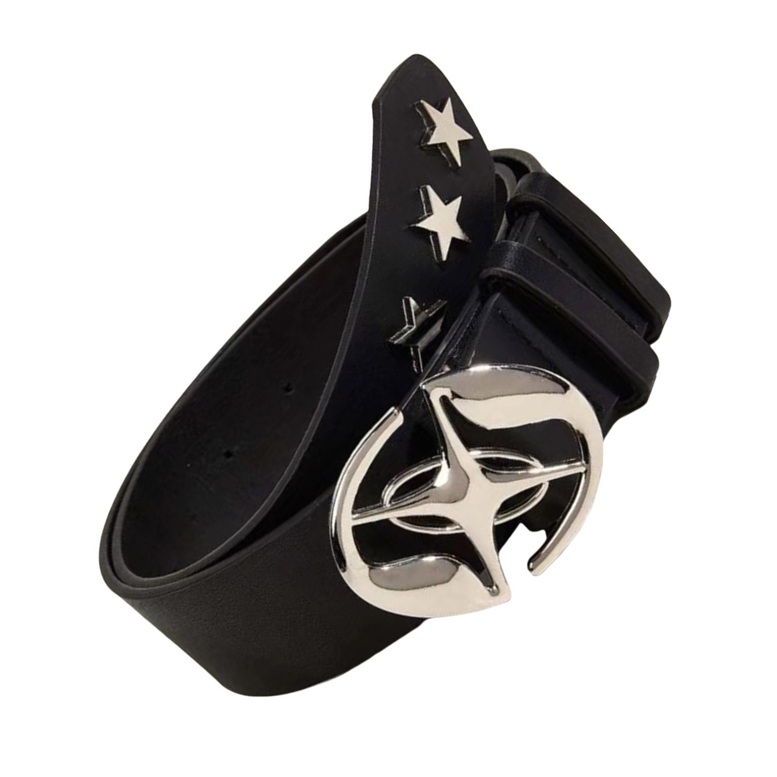 

Пояс с пряжкой Луна Звезда Эстетичный ПУ пояс Поясная лента Декоративный ПУ пояс для брюк Джинсы Элегантный Взрослый Y2K Крутой Пояс чёрный