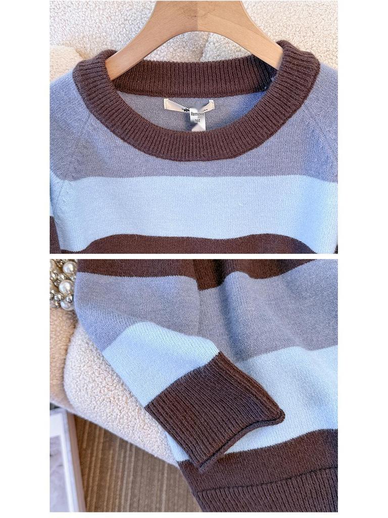 Plus Size Striped Knit Sweater for Women - Lazy Style Autumn/Winter Slim Fit (130-300 Jin)