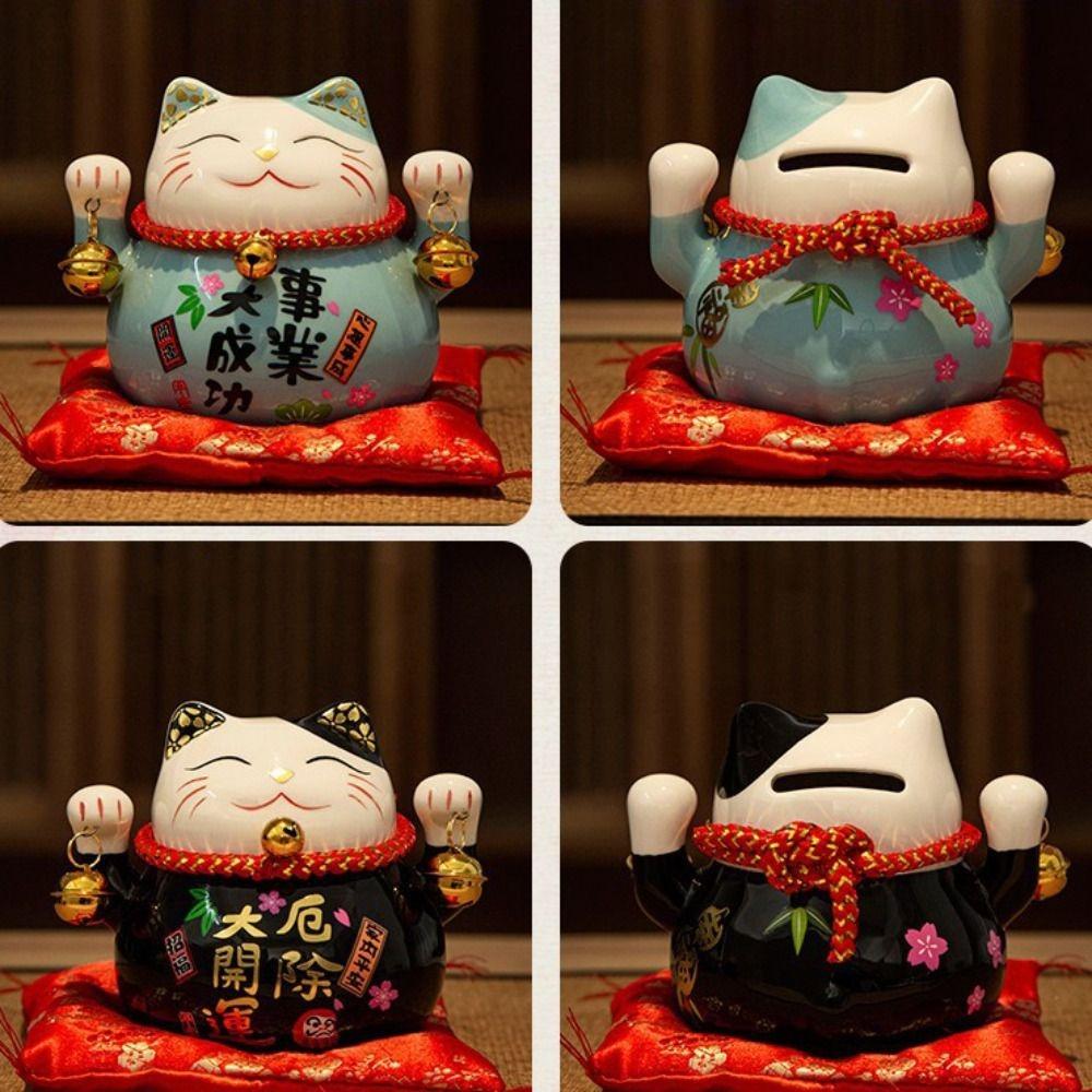 Bell Cat Money Bank Ceramic Desktop Decoration Crafts Fortune Cat Piggy Bank  Office