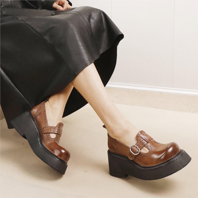Johnature Retro Thick Soled Pumps Genuine Leather Wedges Shoes Round Toe Versatile Women's Platform Shoes