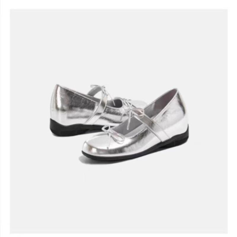 Fashion Women's French Bow Round Toe Super Fire Single Spring Studded Metal Buckle Slip-On Soft Sole Flats Mary Jane