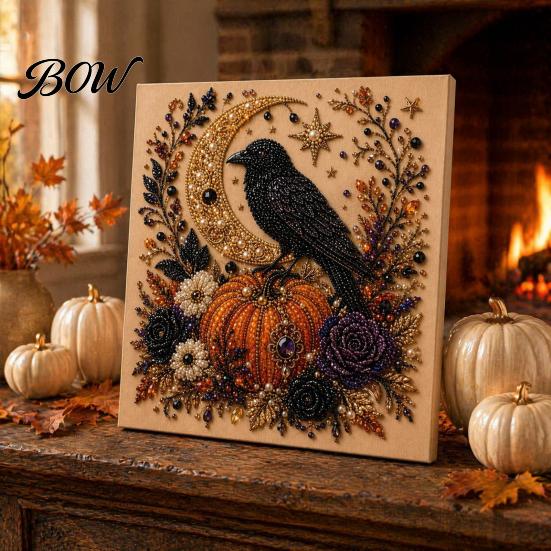 Autumn Atmosphere Wall Decor Halloween Faux Pearl Art DIY Kit, Spooky Cute 3D Beads Painting Crafts, Resin Bead Mosaic Gothic Ghost Pumpkin
