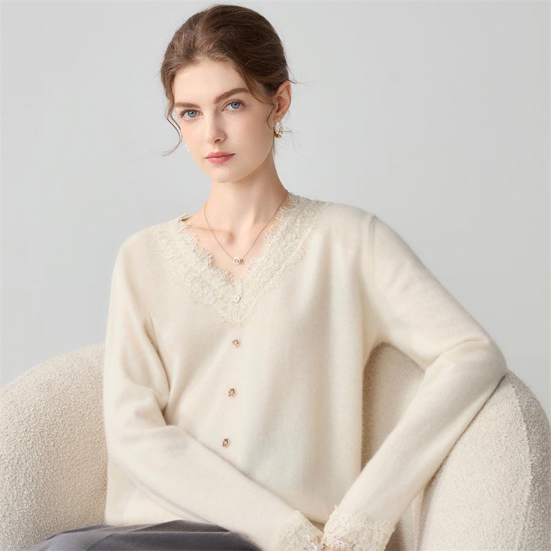 Lekasha Women's Cashmere Knitted Lace Sweater with Loose Elegant Collar