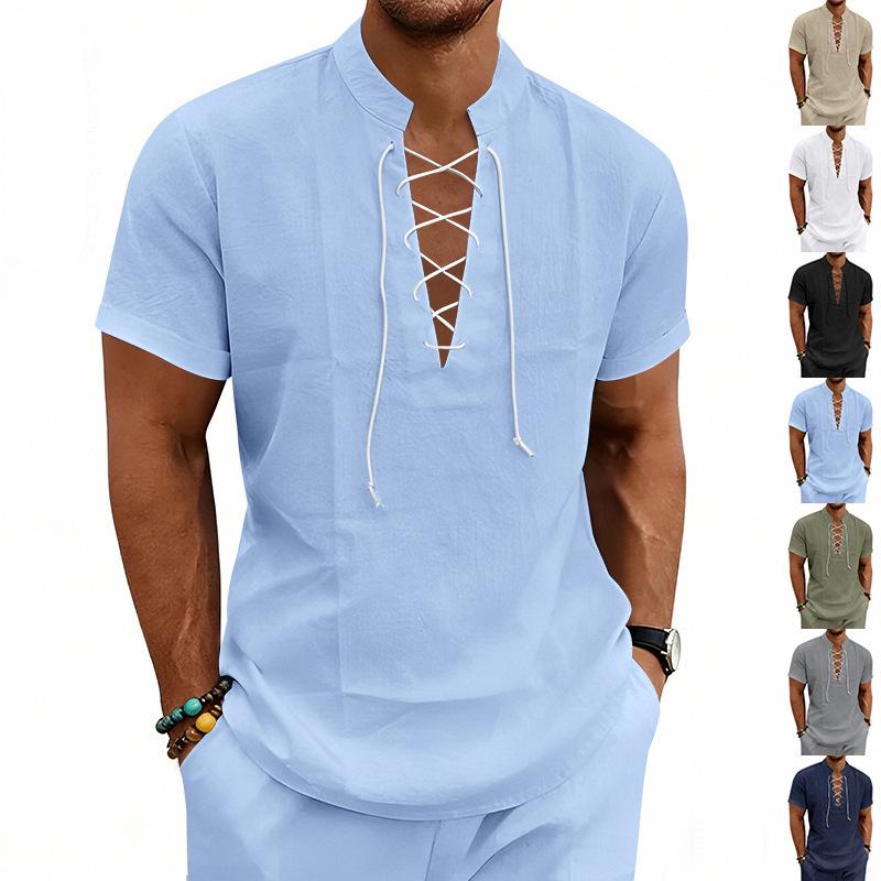 Men's Linen‑Blend Lace‑Up Stand‑Collar Shirt, Crisscross Tie Front V‑Neck, Short Sleeve, Breathable Relaxed‑Fit Medieval Renaissance Casual Summer Top