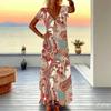 Women Plus Size V Neck Short Sleeve Maxi Dress Retro Paisley Print Loose Fit Summer Beach Long Dress