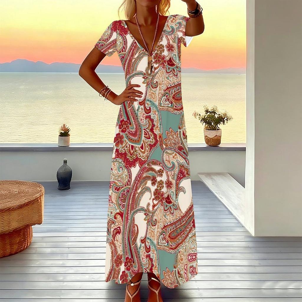 Women Plus Size V Neck Short Sleeve Maxi Dress Retro Paisley Print Loose Fit Summer Beach Long Dress